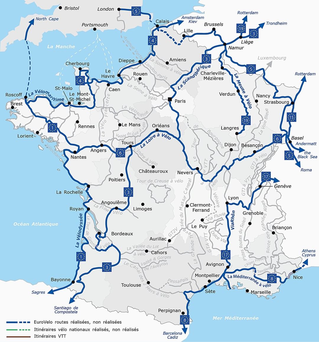 Carte des 10 itinéraires EuroVelo en France