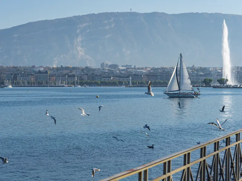 Vue sur le Salève depuis les bords du lac à Genève